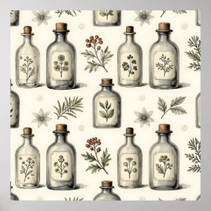 Vintage Apothecary Herb Bottles Pattern Poster