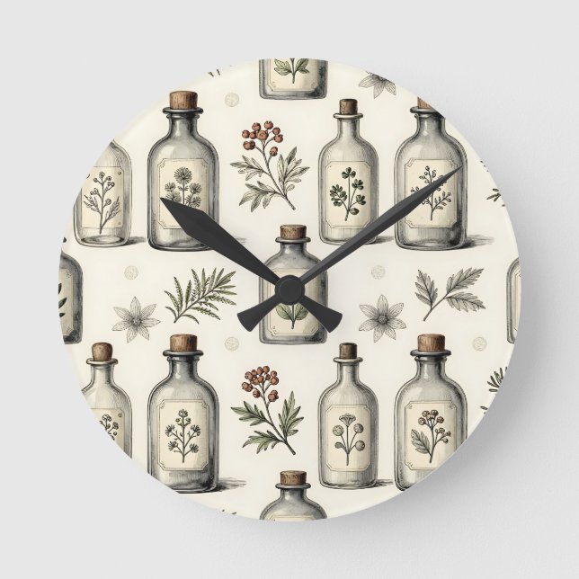 Vintage Apothecary Herb Bottles Pattern Round Clock (Front)