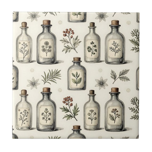 Vintage Apothecary Herb Bottles Pattern Tile (Front)