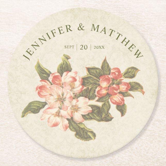 Vintage Apple Blossom  | Cheers Wedding Coaster (Front)