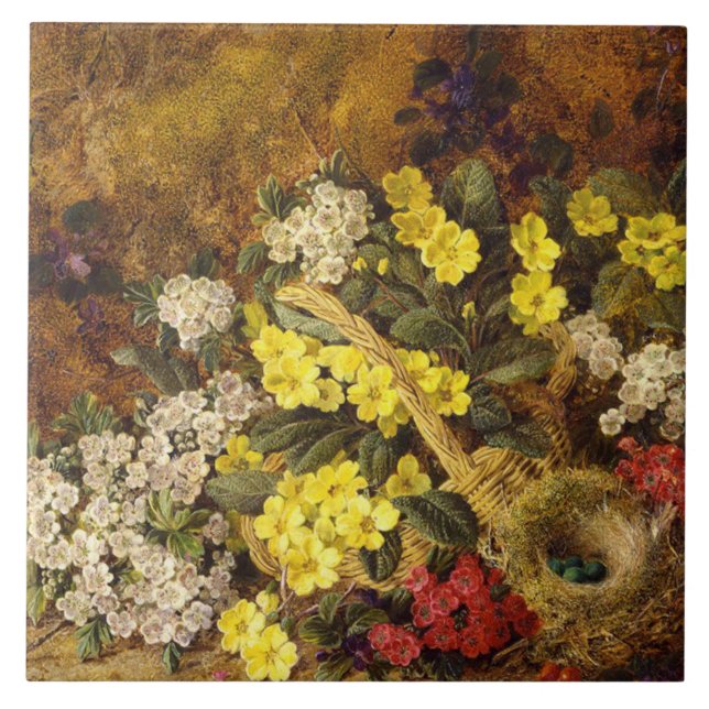 Vintage Apple Blossom Primroses and Bird's Nest Tile (Front)
