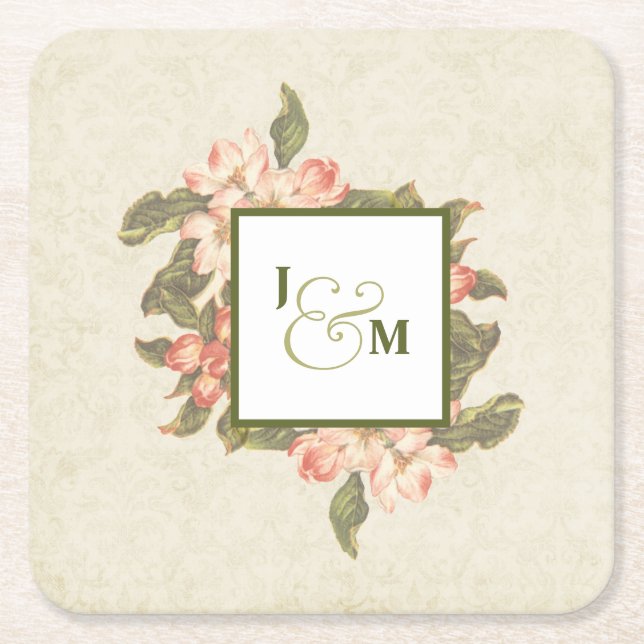 Vintage Apple Blossom Wedding | Initials Square Paper Coaster (Front)