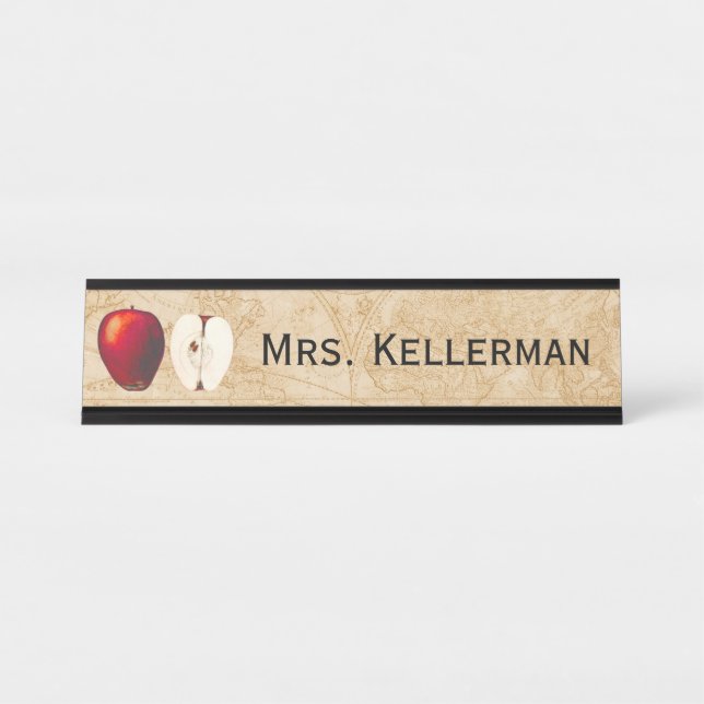 Vintage Apple World Map Teacher Name Elegant Desk Name Plate (Front)