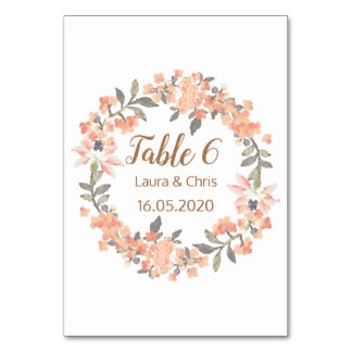 Vintage Apricot Floral Wedding Table Number