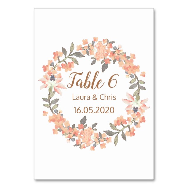 Vintage Apricot Floral Wedding Table Number (Front)