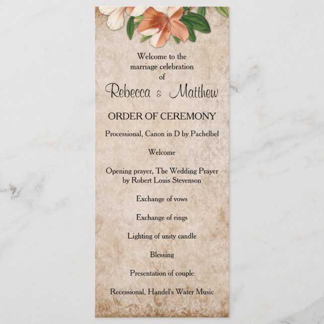 Vintage Apricot Lilies Wedding Program Programme (Front)