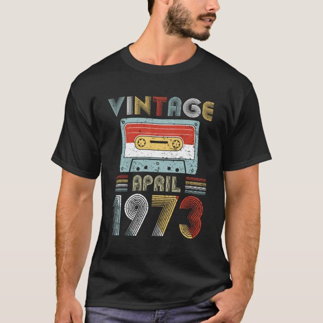 Vintage April 1973 Birthday Cassette Tape T-Shirt (Front)