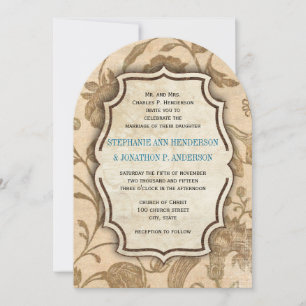 Vintage Aqua and Brown Floral Pattern Wedding Invitation