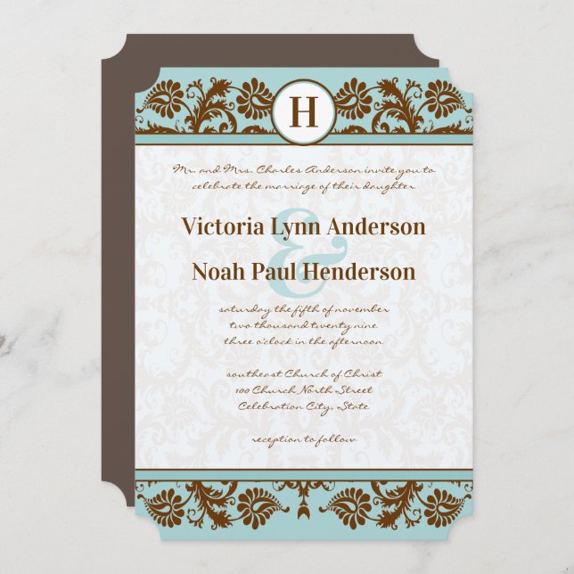  Vintage Aqua Blue and Brown Damask Wedding Invitation (Front/Back)