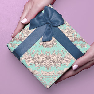 Vintage Aqua Blue Floral Toile Gift Wrapping Paper Sheet