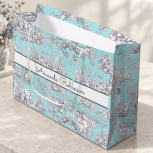 Vintage Aqua Blue Toile Floral Monogram Large Gift Bag