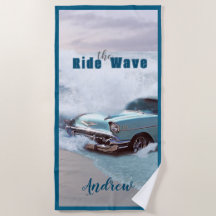 Vintage Aqua Car "Ride The Wave" Quote Ocean Beach