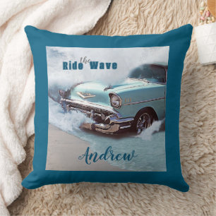 Vintage Aqua Car "Ride The Wave" Quote Ocean Beach Cushion