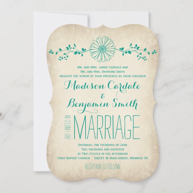 Vintage Aqua Daisy Rustic Wedding Invitations (Front)