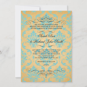 Vintage Aqua Damask Flourish Wedding Invitation