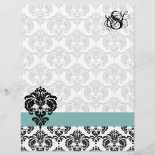 Vintage Aqua Damask Monogram Letterhead