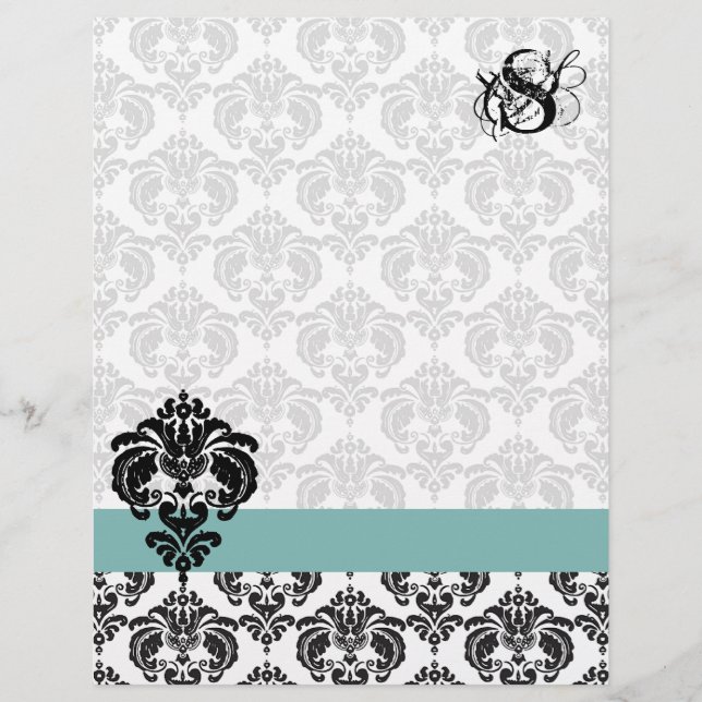 Vintage Aqua Damask Monogram Letterhead (Front)