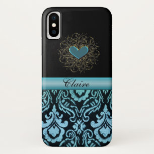 Vintage Aqua Damask with Heart Personalised Case