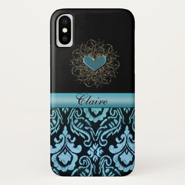 Vintage Aqua Damask with Heart Personalised Case (Back)