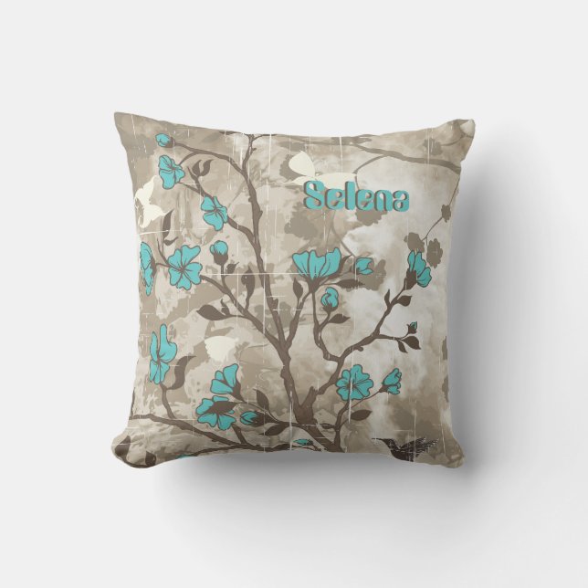 Vintage aqua flowers floral grunge custom cushion (Front)