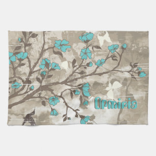 Vintage aqua flowers floral grunge custom tea towel