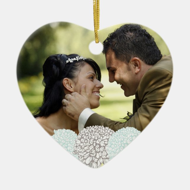 Vintage Aqua Flowers Wedding Photo Ornament (Front)