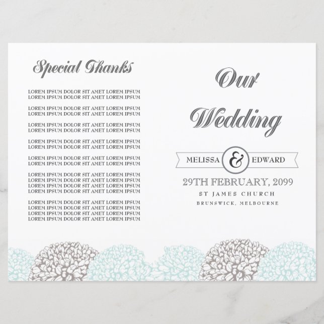 Vintage Aqua Flowers Wedding Program Booklet (Front)