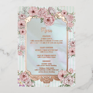 Vintage Aqua Peony Wedding Foil Menu Card