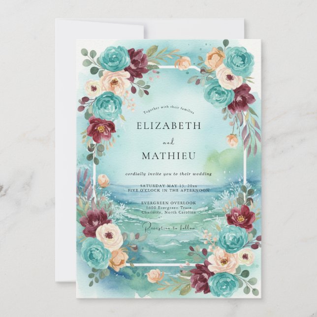 Vintage Aqua Plum Painted Wedding Invitation (Front)