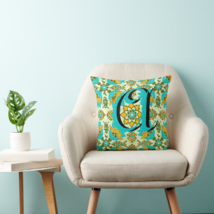 Vintage Aqua Yellow Green Floral Monogram Pillow