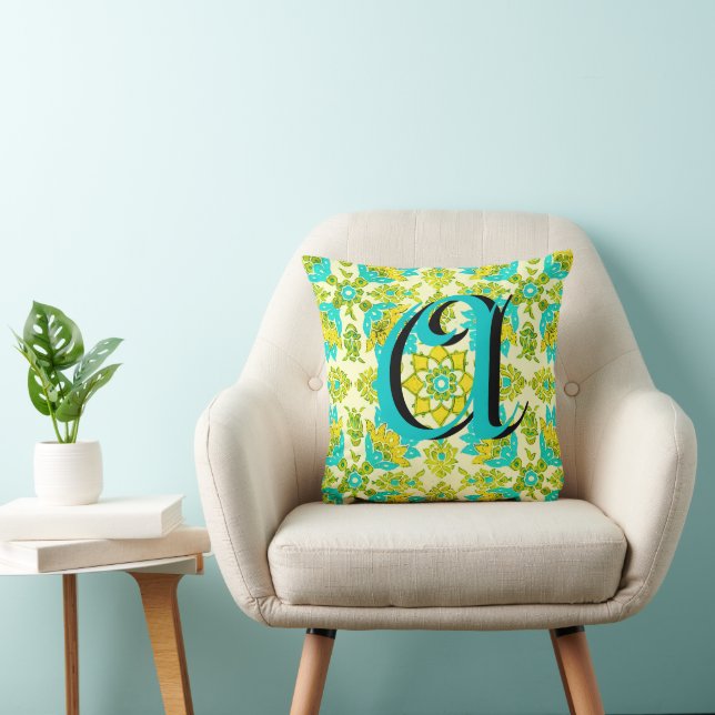 Vintage Aqua Yellow Lime Floral Monogram Pillow (Chair)