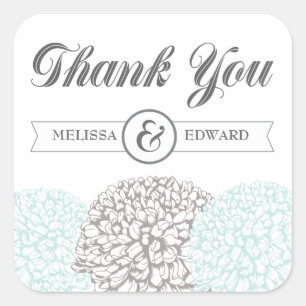 Vintage Aqua Zinnia Flowers Thank You Stickers