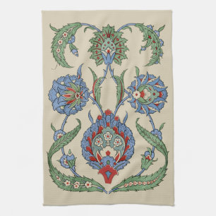 Vintage Arabic Blue Red Geometric Floral Art Print Tea Towel
