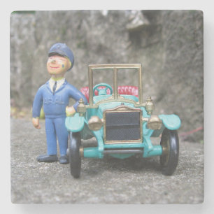 Vintage ARAL Gas Station Attendant and Model Car Stone Coaster