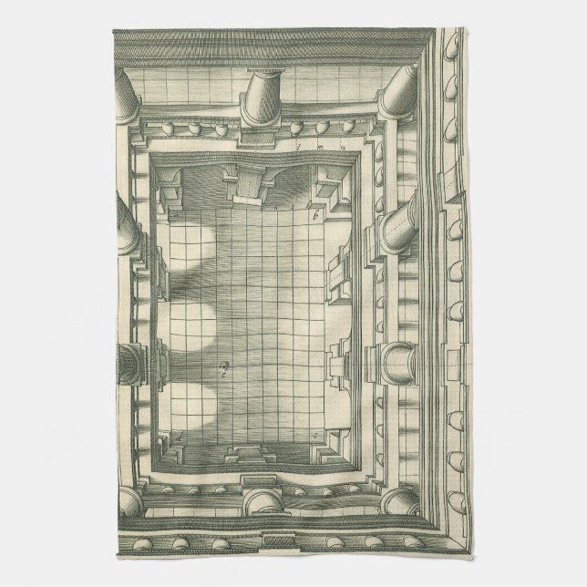 Vintage Architecture, Atrium Courtyard Perspective Tea Towel (Vertical)