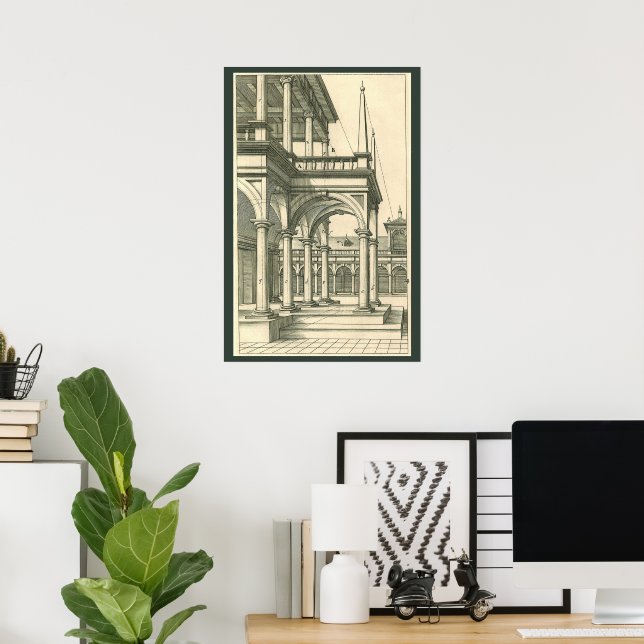 Vintage Architecture, Roman Courtyard with Columns Poster (Home Office)