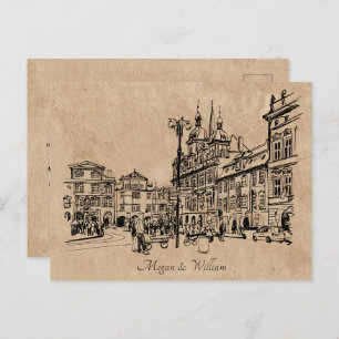 Vintage architecture wedding postcard