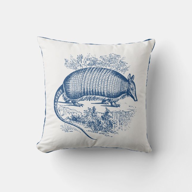 Vintage Armadillo Antique Woodblock Blue Cushion (Front)