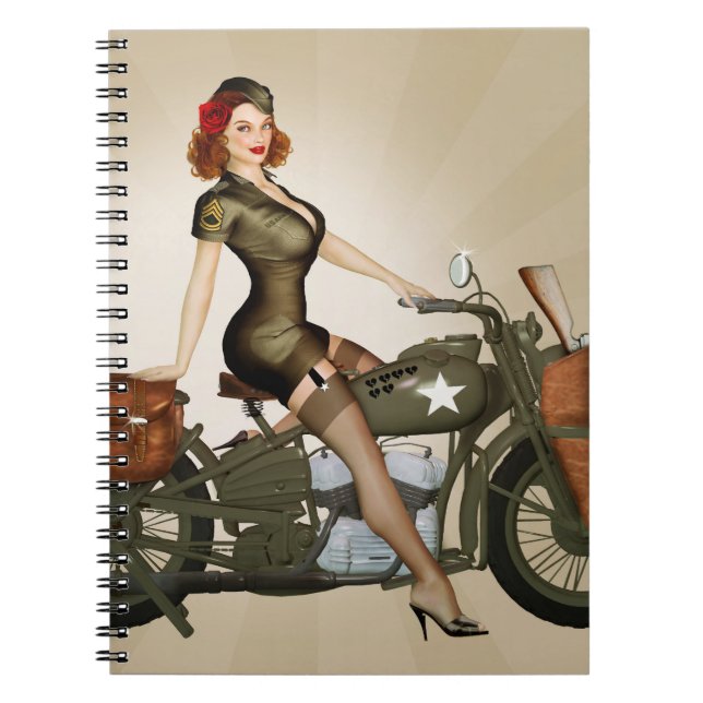 Vintage Army Motorcycle Pinup Notebook (Front)