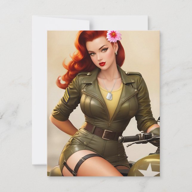Vintage Army Motorcycle Pinup Thank You Card (Front)