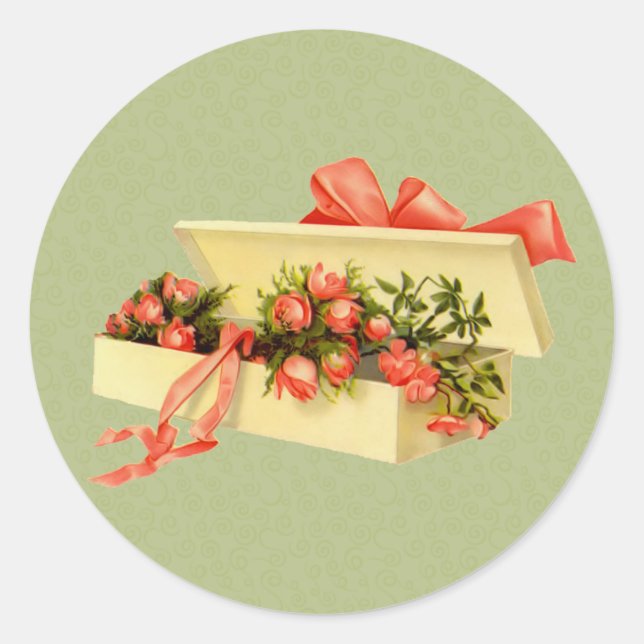 Vintage Art Box Of Roses  Classic Round Sticker (Front)