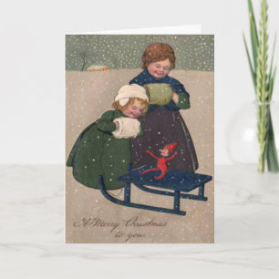 Vintage Art Christmas Two Girls and an Elf Holiday Card