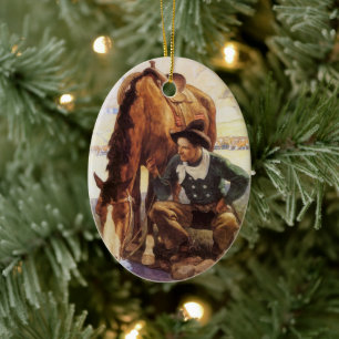 Vintage Art, Cowboy Watering His Horse by NC Wyeth Ceramic Tree Decoration