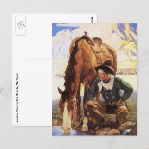 Vintage Art, Cowboy Watering His Horse by NC Wyeth Postcard