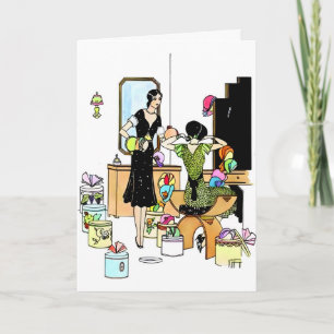 Vintage Art Deco 1920s Hat Shop Illustration Card