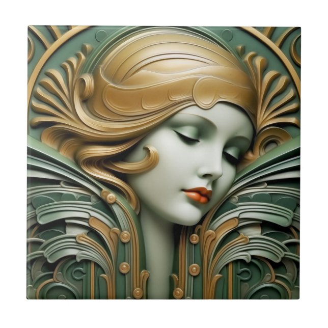  Vintage Art Deco Art Nouveau Green Gold    Tile (Front)
