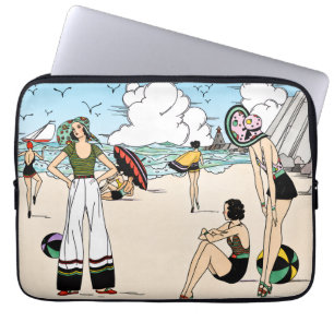 Vintage Art Deco Beach Illustration 1920s Coastal Laptop Sleeve