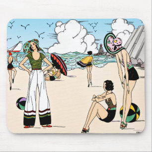 Vintage Art Deco Beach Illustration 1920s Coastal Mouse Pad