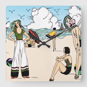 Vintage Art Deco Beach Illustration 1920s Coastal Square Wall Clock