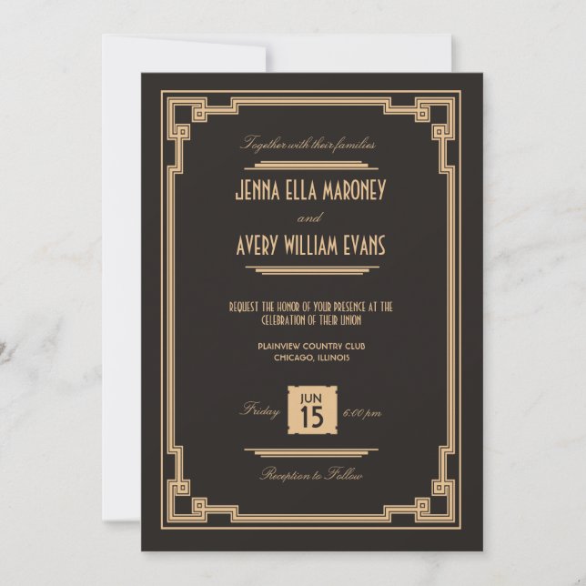 Vintage Art Deco Black and Gold Wedding Invitation (Front)